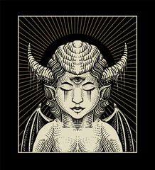 Illustration of Mystical Third Eye Demon with Radiant Horned Presence