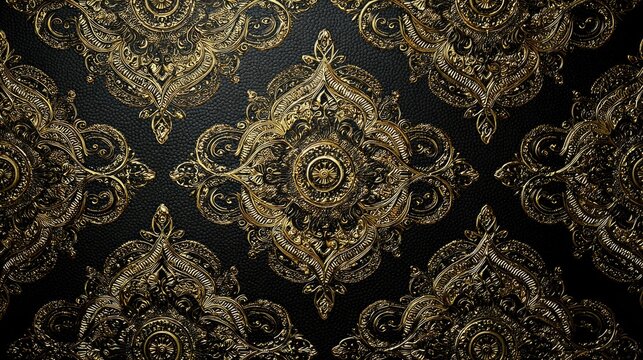 Fototapeta Intricate gold pattern on black background. Detailed ornate designs repeating