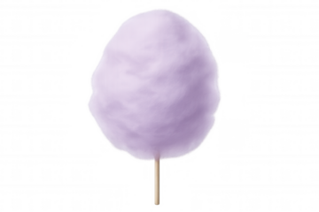Fluffy purple cotton candy spun around a wooden stick, isolated on transparent background, ready to be enjoyed