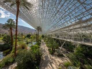 Fototapeta premium Botanical garden view with arched roof, palm trees, walkway, water and mountains