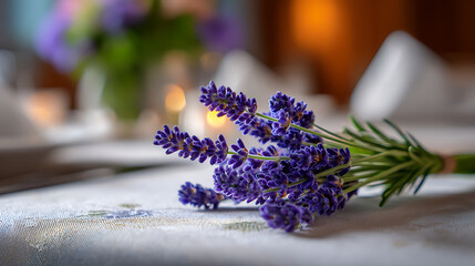 Fototapeta premium Fresh Lavender Bouquet Placed Elegantly on a Dining Table Adorned With Soft Candlelight in a Cozy Setting