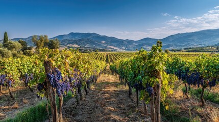 Naklejka premium Rows of grapevines with ripe fruit, rolling hills, and blue skies