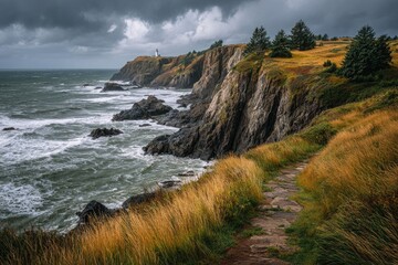 Lighthouse overlooks ocean cliffs on stormy day near grassy path in coastal area.