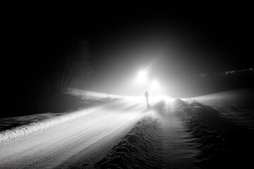 Person stands on snow covered path with bright lights in the misty night