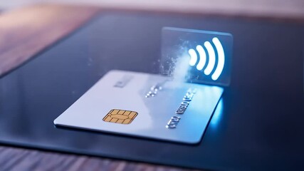 A futuristic credit card makes a contactless payment, with glowing data particles transferring to a holographic wireless symbol - Powered by Adobe