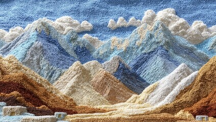 Textured textile art of majestic mountains, clouds, and serene landscape