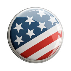 Shiny metallic badge proudly displaying the American flag stars and stripes, perfect for patriotic promotions and events.