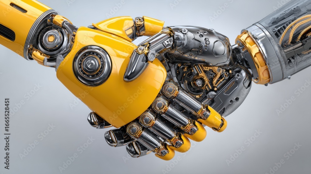 Poster robotic arms shaking hands in a futuristic setting showcasing collaboration between technology and h