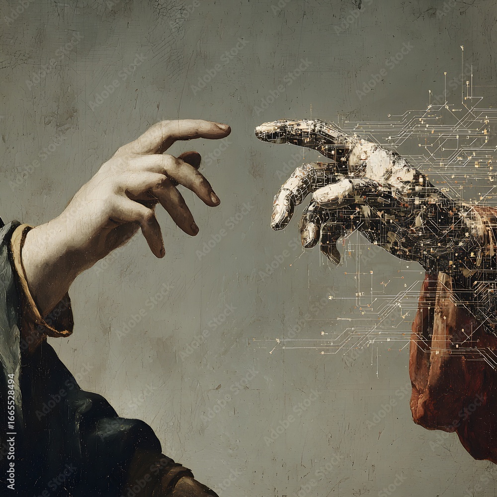 Poster a classical human hand reaches towards a futuristic robotic hand dissolving into digital circuits.