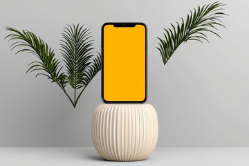 Smartphone with Yellow Screen on Beige Pedestal with Ferns Against Gray Background