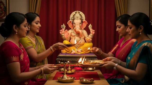 Four Indian women in traditional clothing performing a ritual with candles and offerings to a Ganesha statue in a home with warm tones.