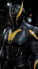 Armored figure. Dark suit. Golden accents. Futuristic design. Helmet with pointed ears