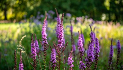 Fototapeta premium Vertical clusters of vibrant purple wildflowers stand out against a blurred backdrop of various greens and yellows in a meadow setting.
