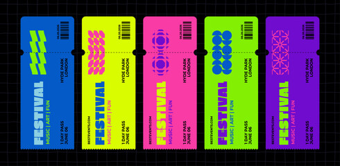Concert Event Ticket Design. Vector Festival Sticker Mockup. Modern Party Pass Coupon. Template Music Concert Ticket.