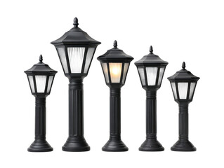 Black outdoor lamp post classic garden lantern vintage street light metal pillar decorative exterior lighting glowing warm light elegant design night ambiance urban style isolated object