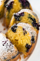 Lemon blueberry bundt cake with powdered sugar dusting
