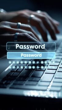User's hands typing confidential password on a laptop keyboard with glowing digital input fields for secure online access.