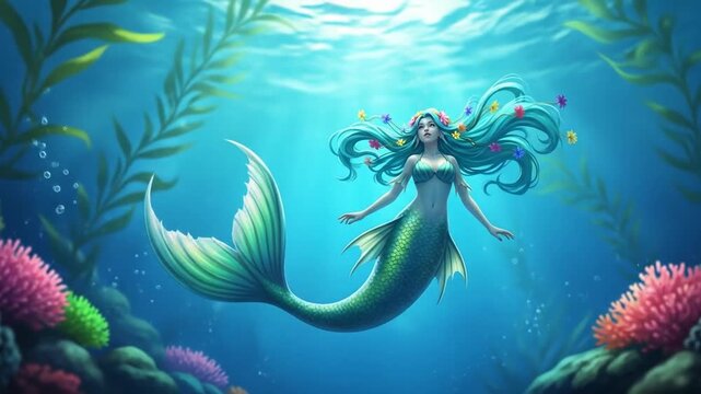 Enchanting Mermaid Swims in a Vibrant Underwater Paradise