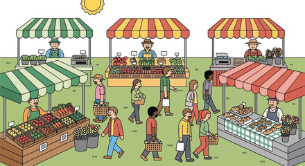 Fototapeta premium Farmers market bustling with fresh produce and happy shoppers on a sunny day