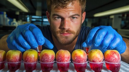 Fototapeta premium Man inspecting liquids in tubes with apples. Intense focus in a lab setting