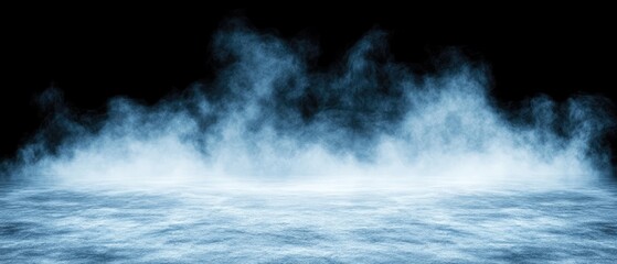 Ground level with bluish mist on a black background, vapor effect