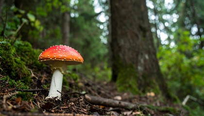 A vibrant red and orange mushroom stands proudly in a forest floor, surrounded by green trees.