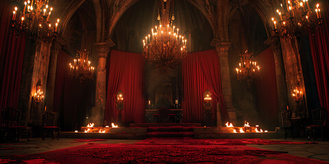 Grand hall with ornate chandeliers and flickering candles creating a dramatic, mysterious ambiance.