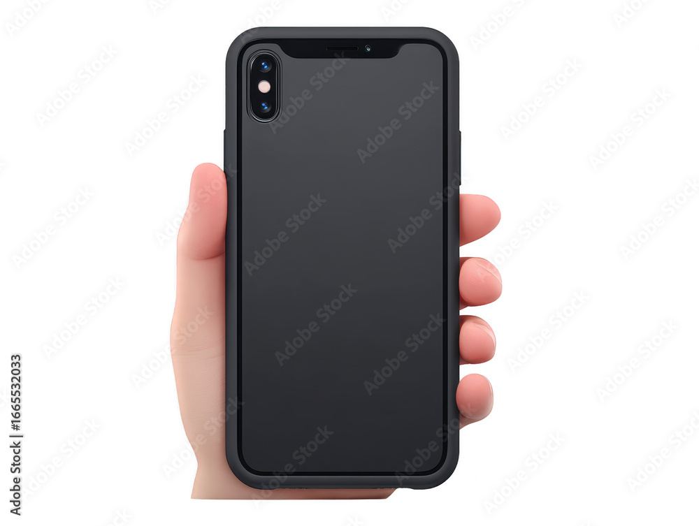 Poster hand holding black smartphone with dual camera modern design blank screen isolated on transparency b