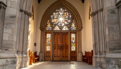 Obraz premium Church Entrance with Stained Glass, and Sunlight.