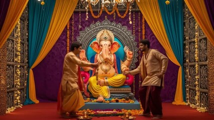 Hindu priest and worshippers performing puja to Ganesha statue in a temple with purple and gold decorations
