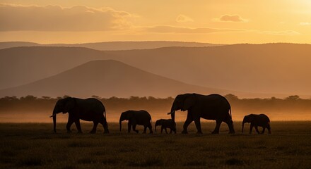 Fototapeta premium Herd of Elephants Walking in Sunset Landscape with Mountains and Misty Plains