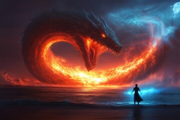 Enormous, fiery serpent rises above a body of water as a figure stands before it, ready to fight