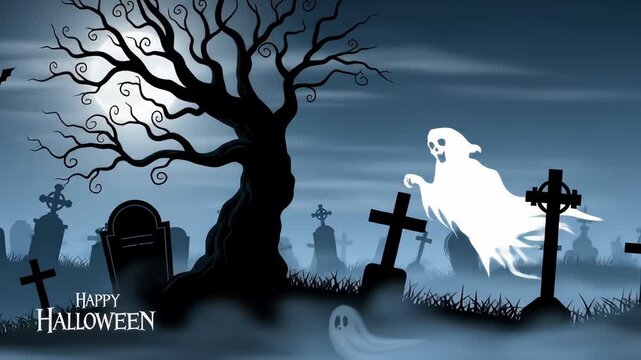 Spooky Halloween night scene with full moon, bats, and graveyard evokes a chilling, festive atmosphere for holiday projects