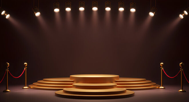 Golden Podium, Red Ropes, Spotlights: Awaiting Awards and Grand Presentations on a Dark Stage.