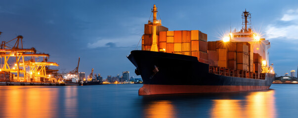 cargo ship illuminated at night, surrounded by port cranes and city lights, reflects on calm waters, showcasing maritime transport and industrial activity.