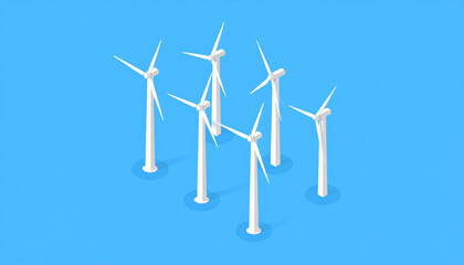 Six white wind turbines stand tall against a vibrant blue backdrop, showcasing renewable energy.