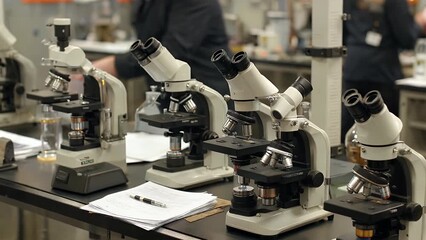 cinematic ultra hd 4k footage of microscopes laboratory table students blurred background scientific learning educational exploration research innovation academic lifestyle themes perfect healthcare