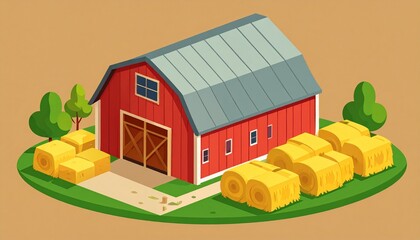 A vibrant illustration of a charming red barn, surrounded by bales of hay on a grassy field.