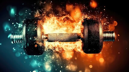 Burning dumbbell in vibrant blue and orange flames, creating a sense of powerful exercise