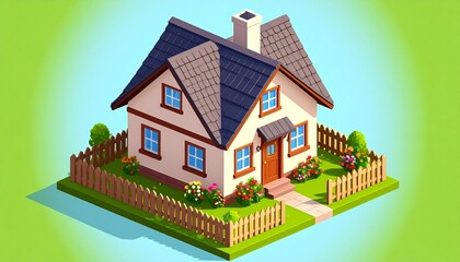 Naklejka premium A charming, pixelated cottage with a well-manicured garden and a picket fence, rendered in bright colors.