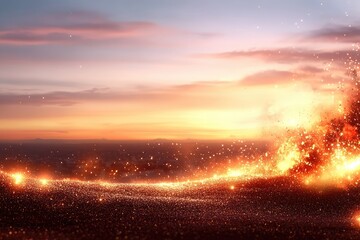 Obraz premium Glowing particles rise from the ground during a vibrant sunset, filling the sky with light