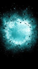 Cyan explosion against a dark background with particles ejected out from the center