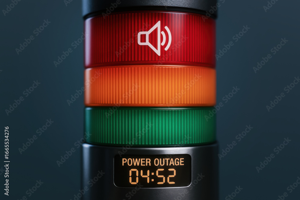 Aufkleber power outage warning light with red orange and green signal and digital timer showing duration of po