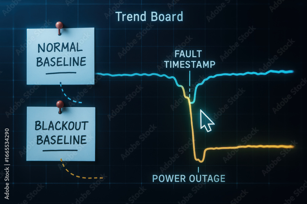 Aufkleber trend board with normal baseline and blackout baseline lines showing power outage and fault timestam