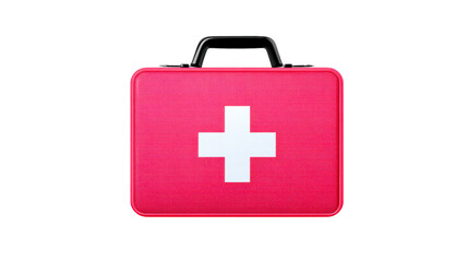 Obraz premium Red first aid kit box with white cross symbol, portable emergency medical case for healthcare, safety, and travel, isolated on transparent background