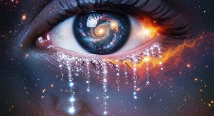Cosmic eye reflecting the universe with galaxy tears streaming down in a surreal art
