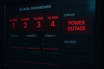 Power outage alert on SCADA dashboard with multiple alarms and power monitoring graphs indicating critical system status