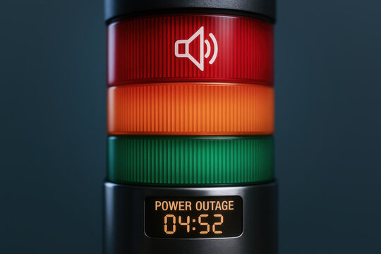 Power outage warning light with red orange and green signal and digital timer showing duration of power outage alert system