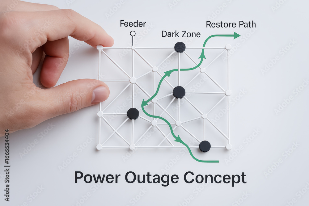 Poster power outage concept with hand holding network model showing feeder, dark zone, and restore path for
