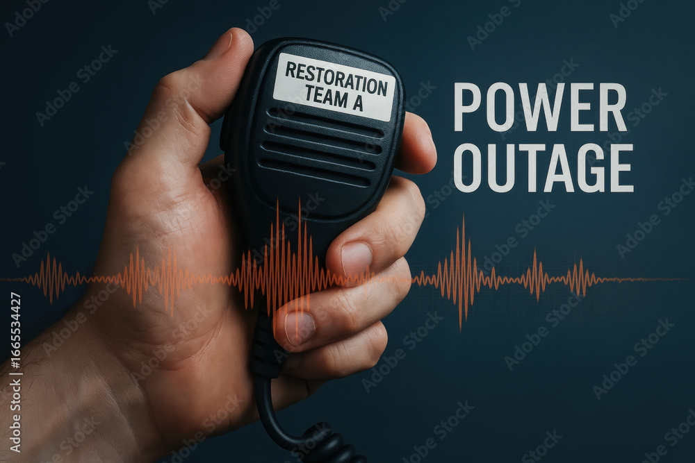 Aufkleber power outage communication device held by hand with restoration team label and sound wave graphic re